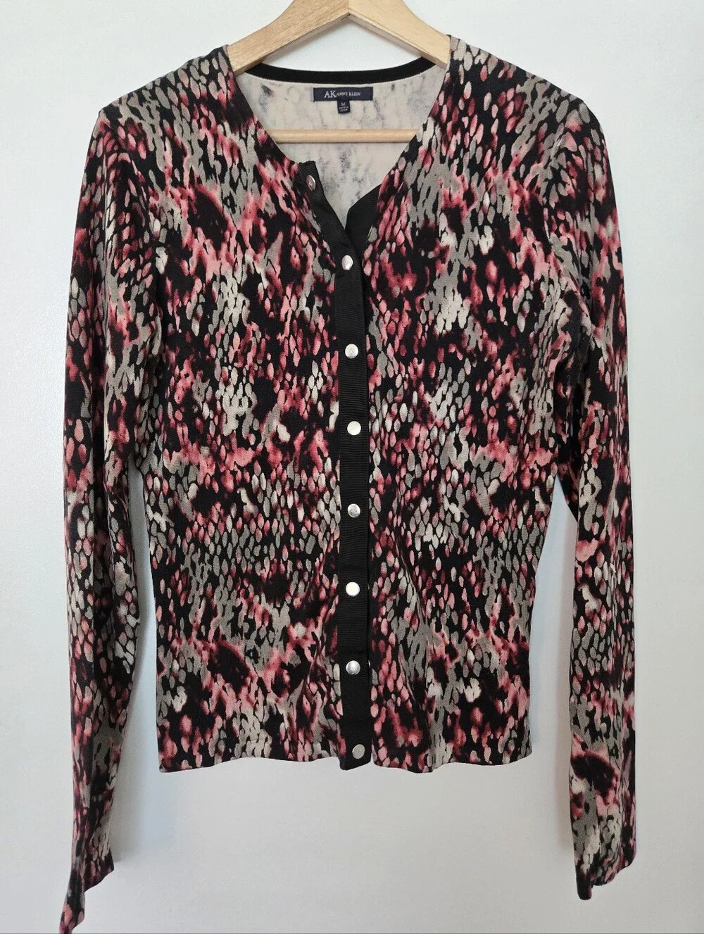 Anne Klein Silk Cotton Blend Cardigan Sweater Pink Snake Size M